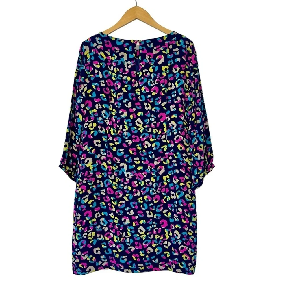 Britt Ryan 100% Silk Dress Large Navy Multicolor 3/4‎ Sleeve Made In USA